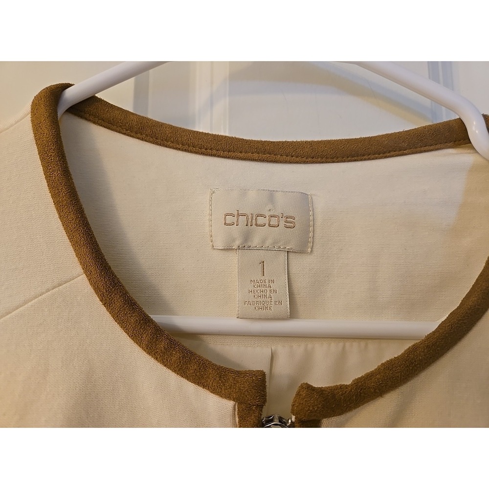 Chico's White Ponte Knit Suede Cuff Blazer Jacker Womens 1 Beige Brown Full Zip - Picture 4 of 16